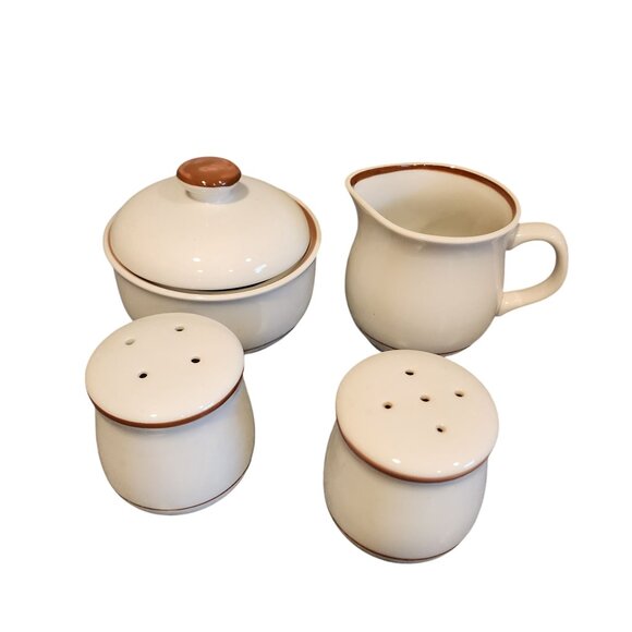 Colonial Stoneware Creamer & Sugar Set With Salt & Pepper Shakers Beige Brown Tr - Picture 1 of 3